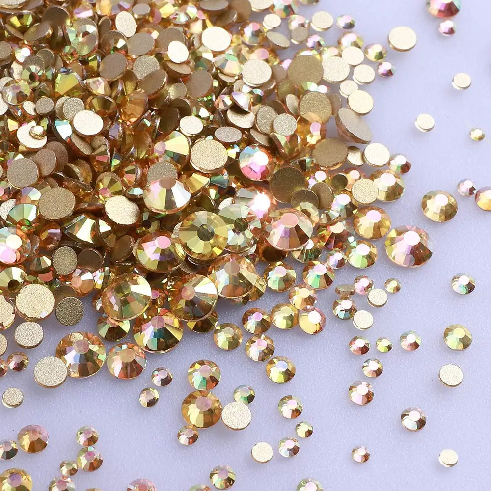 1440Pcs Mix Size SS3-SS20 Champagne Glass Flat Back Rhinestone Golden Shadow Glitter Non Hotfix Rhinestones for Nail Art Clothes