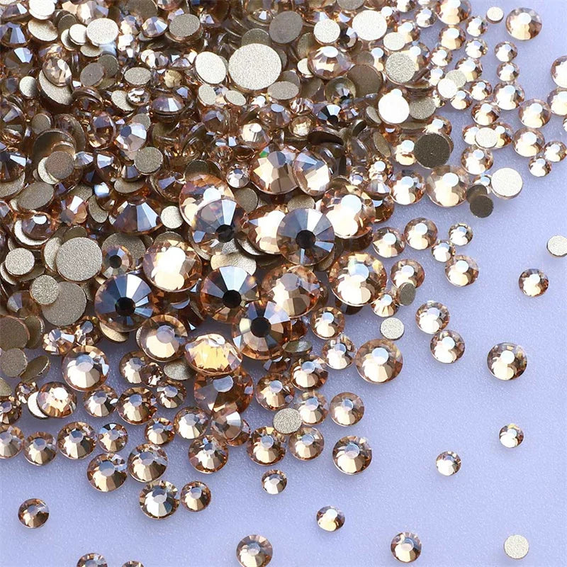1440Pcs Mix Size SS3-SS20 Champagne Glass Flat Back Rhinestone Golden Shadow Glitter Non Hotfix Rhinestones for Nail Art Clothes