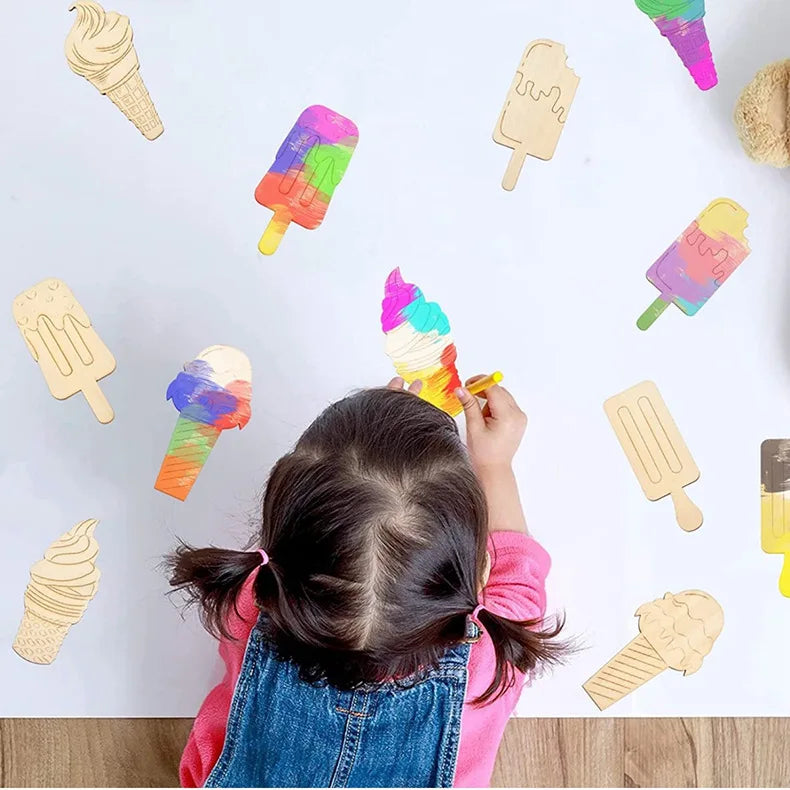 10pcs Wooden Ice Cream Multi Type Blank Ice Cream Ornament for Kids Summer Party Decorations DIY Painting Crafts/Gifts Supplies