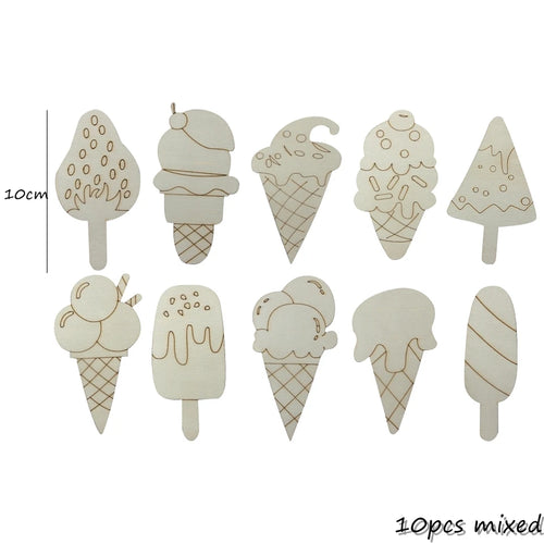 10pcs Wooden Ice Cream Multi Type Blank Ice Cream Ornament for Kids Summer Party Decorations DIY Painting Crafts/Gifts Supplies