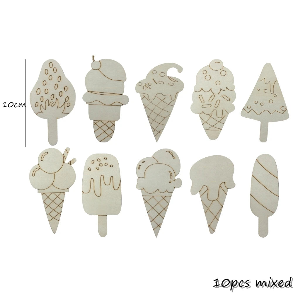 10pcs Wooden Ice Cream Multi Type Blank Ice Cream Ornament for Kids Summer Party Decorations DIY Painting Crafts/Gifts Supplies