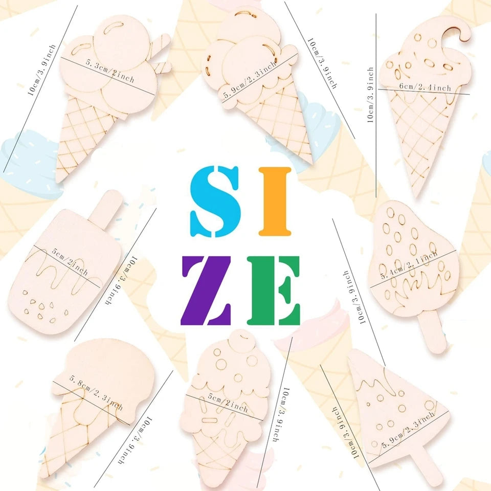10pcs Wooden Ice Cream Multi Type Blank Ice Cream Ornament for Kids Summer Party Decorations DIY Painting Crafts/Gifts Supplies
