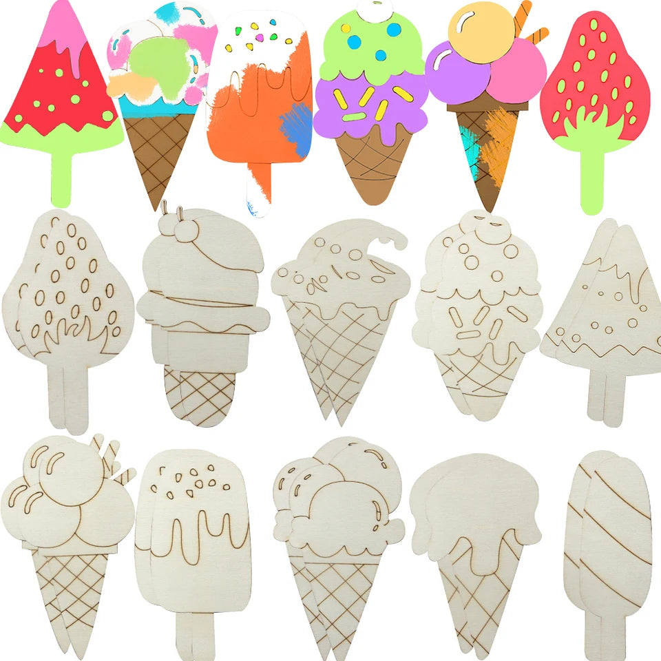 10pcs Wooden Ice Cream Multi Type Blank Ice Cream Ornament for Kids Summer Party Decorations DIY Painting Crafts/Gifts Supplies