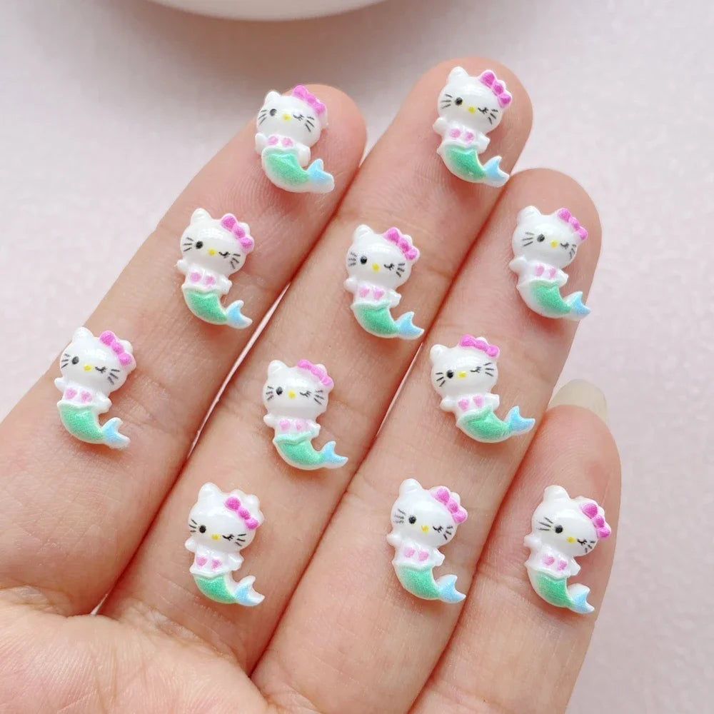50pcs Resin Colorful Summer Beach Eye Mermaid Little Cat Cartoon Wearing Armor Figurines Flat back Nail Art DIY Scrapbook Crafts